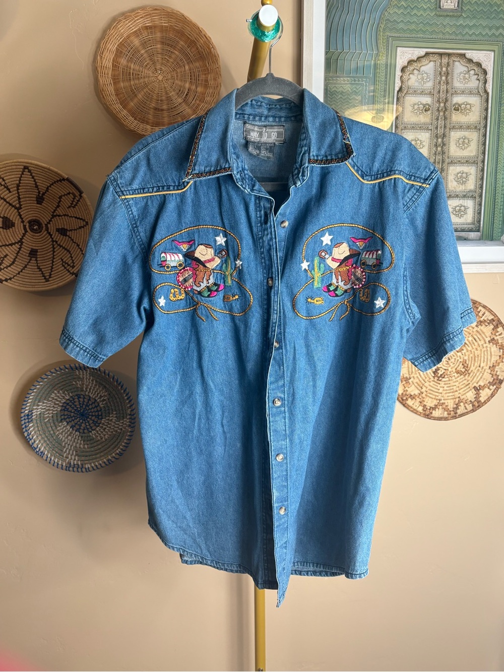 Embroidered Cowboy Denim Shirt - Blue